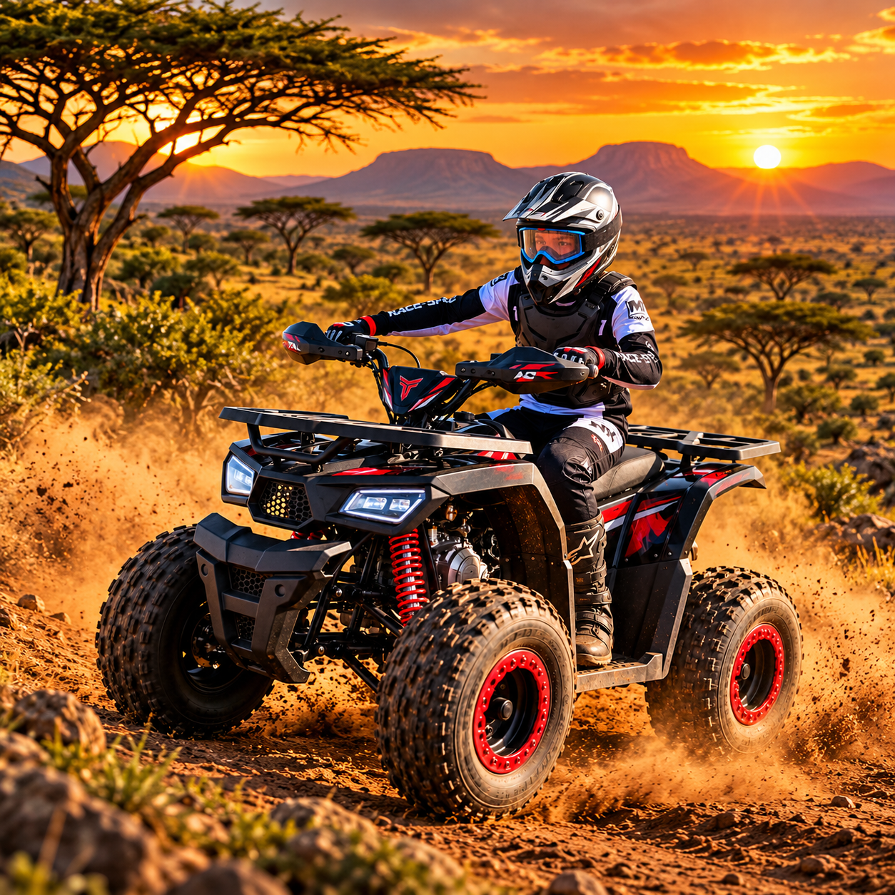 Rider on a black and red TAO quad on a rocky African savanna track under an orange sunset sky