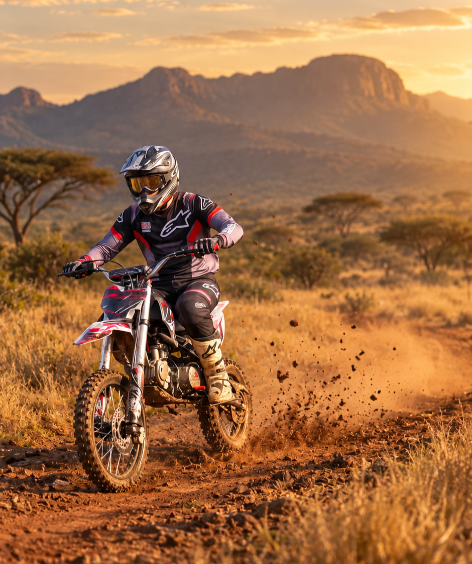 Rider on a dirt bike kicking up dirt on a rocky African savanna track at golden hour