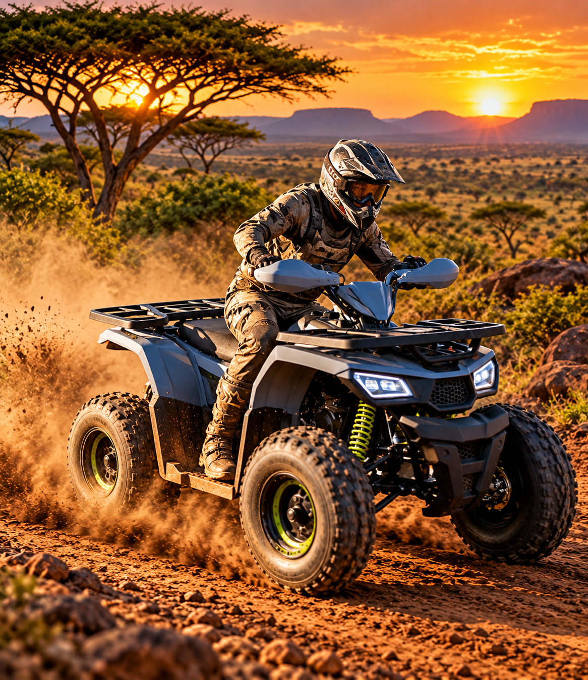 Rider on a TAO quad kicking up dust on an African savanna at sunset