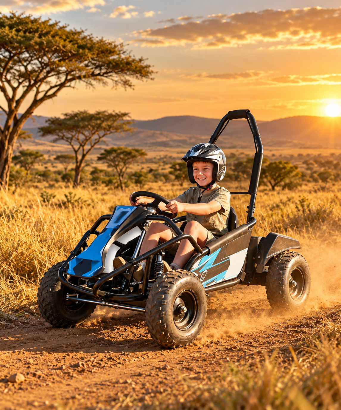 Rider on a black, blue and white TAO youth go-kart kicking up dust on an African savanna track at sunset