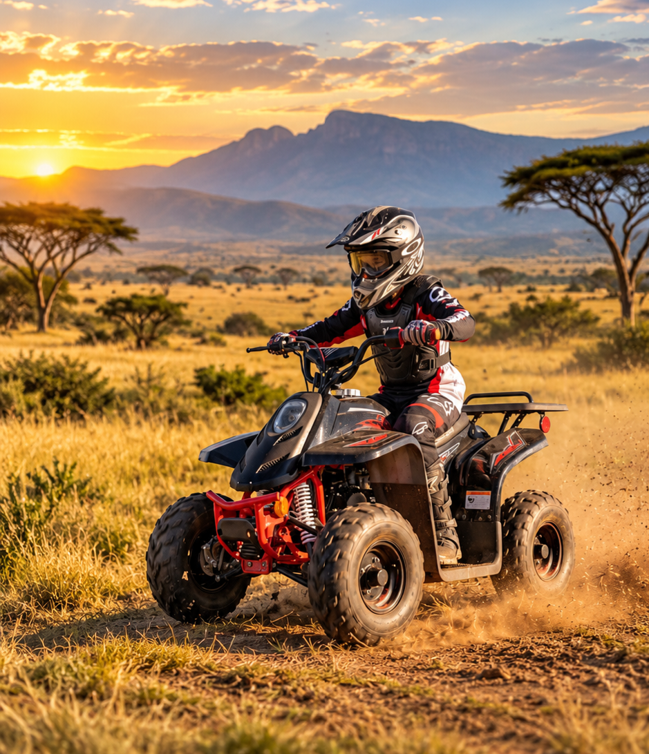 Rider kicking up dust on a TAO quad at golden hour