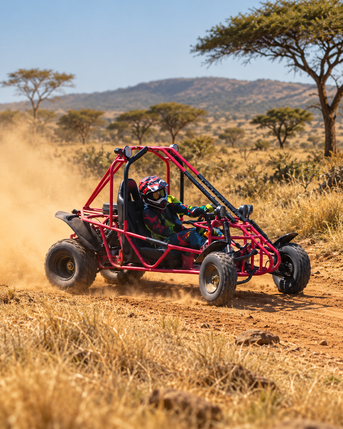 Rider on a red TAO rally buggy kicking up dust on a dry African savanna with acacia trees and distant hills