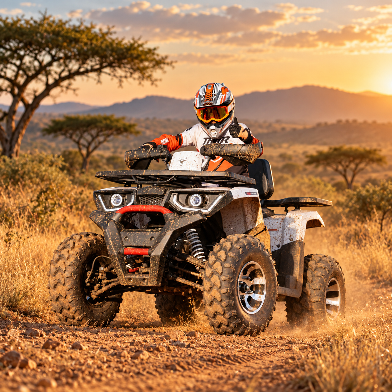 Young rider in a white, orange and black helmet giving a thumbs-up on a white and red TAO quad on a rocky African bushveld track at sunset