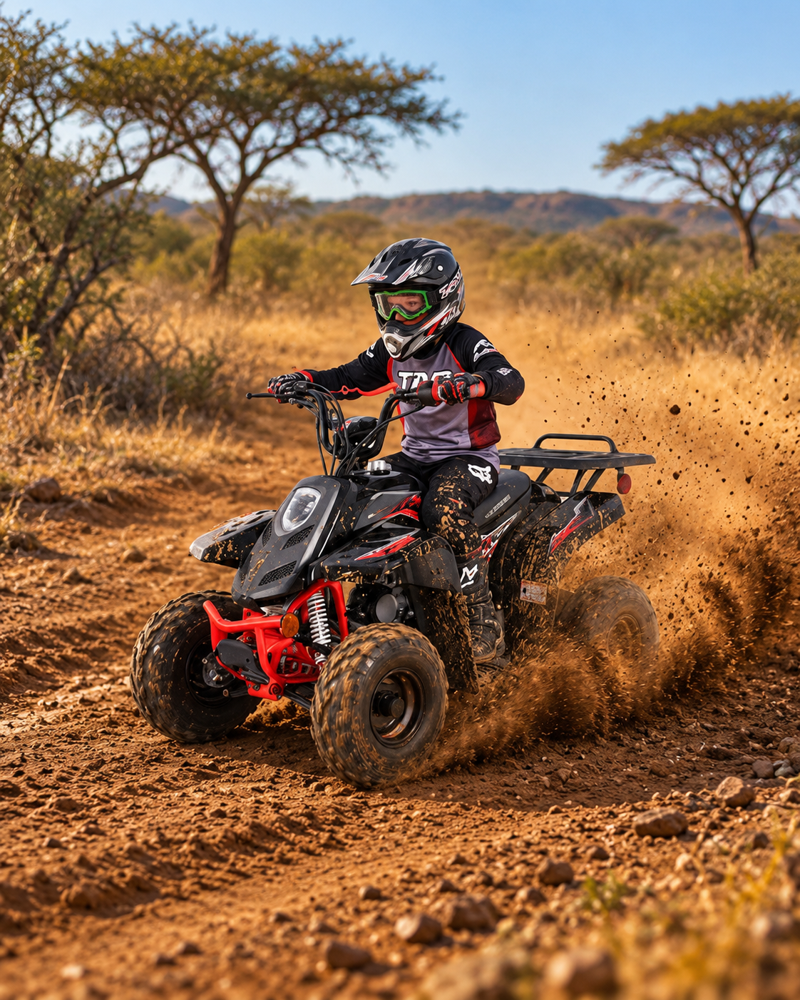 Young rider in full gear on a TAO quad kicking up dirt on an African bushveld track