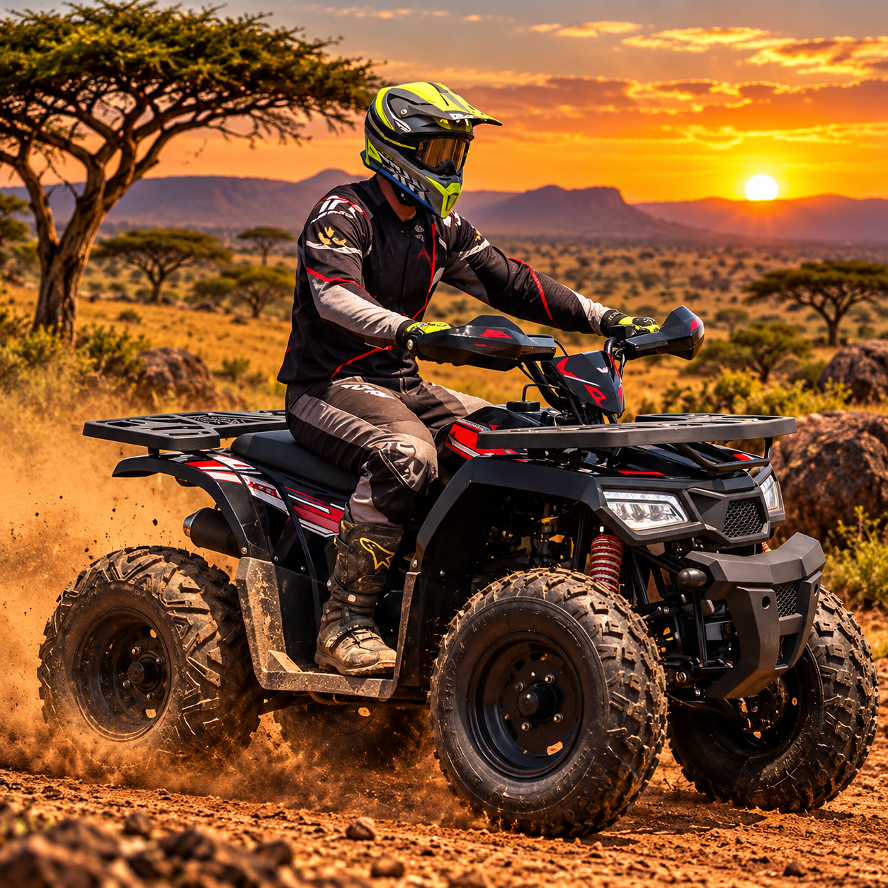 Rider on a black and red TAO quad kicking up dust on the savanna under an orange sunset sky