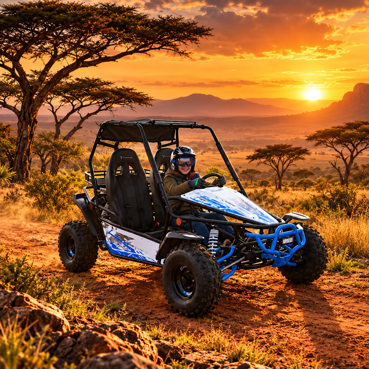 Rider in a helmet and goggles on a two-seater TAO buggy with a blue bumper kicking up dust on an African savanna at sunset