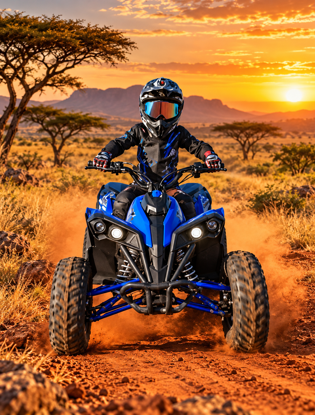 Rider on a bright blue TAO quad kicking up a dust plume on an African savanna track at sunset