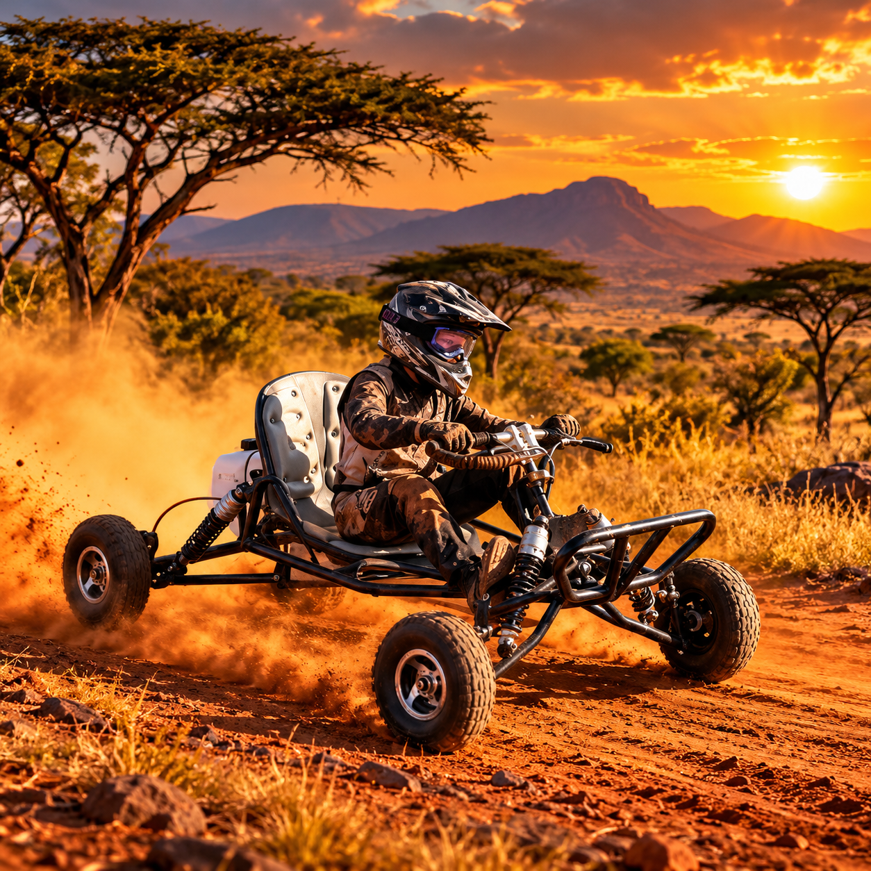 Rider on a low TAO go-kart with handlebar steering kicking up a dust cloud on a savanna dune track at sunset